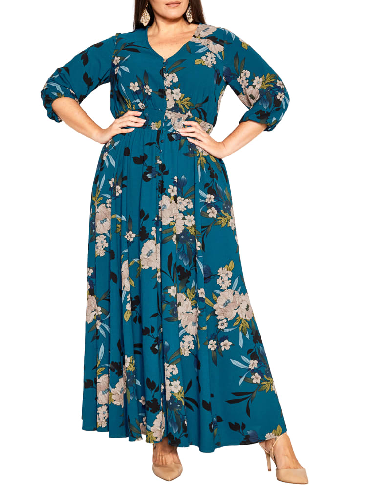 Front of a model wearing a size M MAXI EMMALINE in Teal Delicate Bloom by City Chic. | dia_product_style_image_id:300272